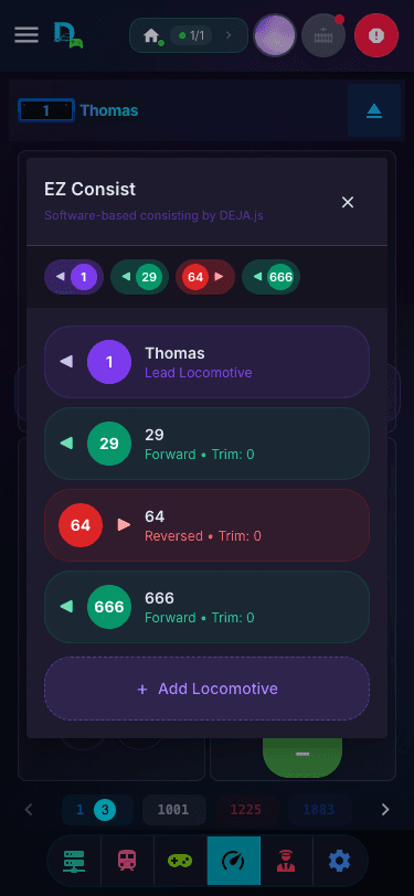 EZ Consist editor with lead locomotive, direction, and trim